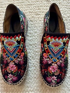 Johnny Was Joshua Embroidered Espadrilles Black/Multi Slip On Shoes Sz 37 NWOTB